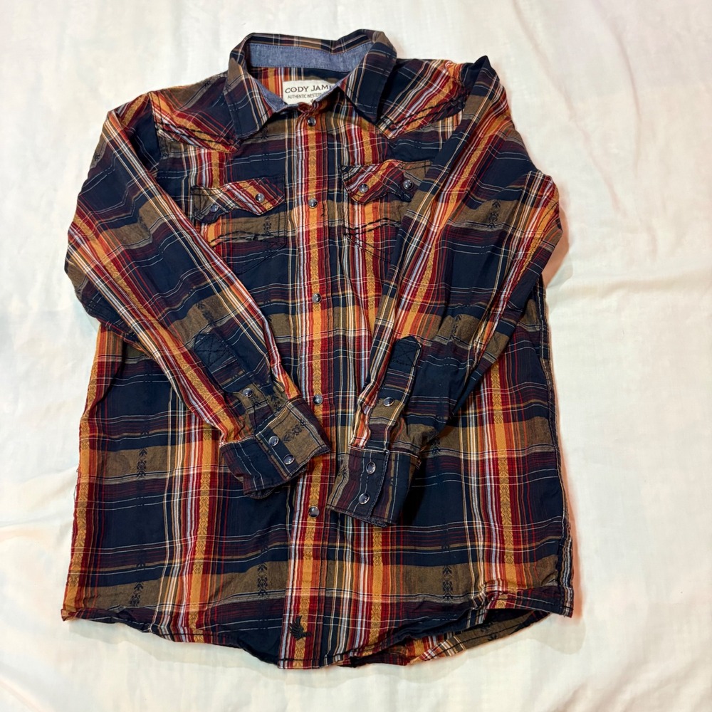 Cody James Boys Large Western Plaid Button Down Shirt Navy Red Orange Cotton